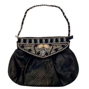 Chico’s Black Leather Shoulder Bag Chain Strap Gem Embellished Retile Embossed